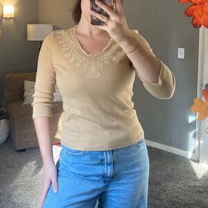 Vintage Assoluto Tan/Beige Embroidered Quarter Length Top